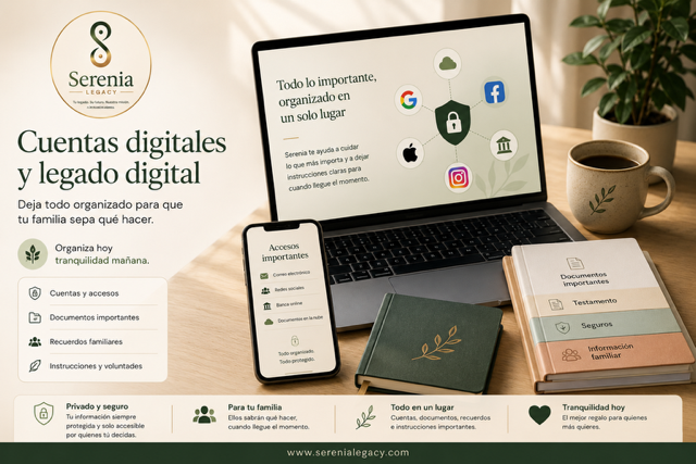 Gestión de cuentas digitales, documentos importantes y legado digital familiar para facilitar el acceso a la información tras un fallecimiento.