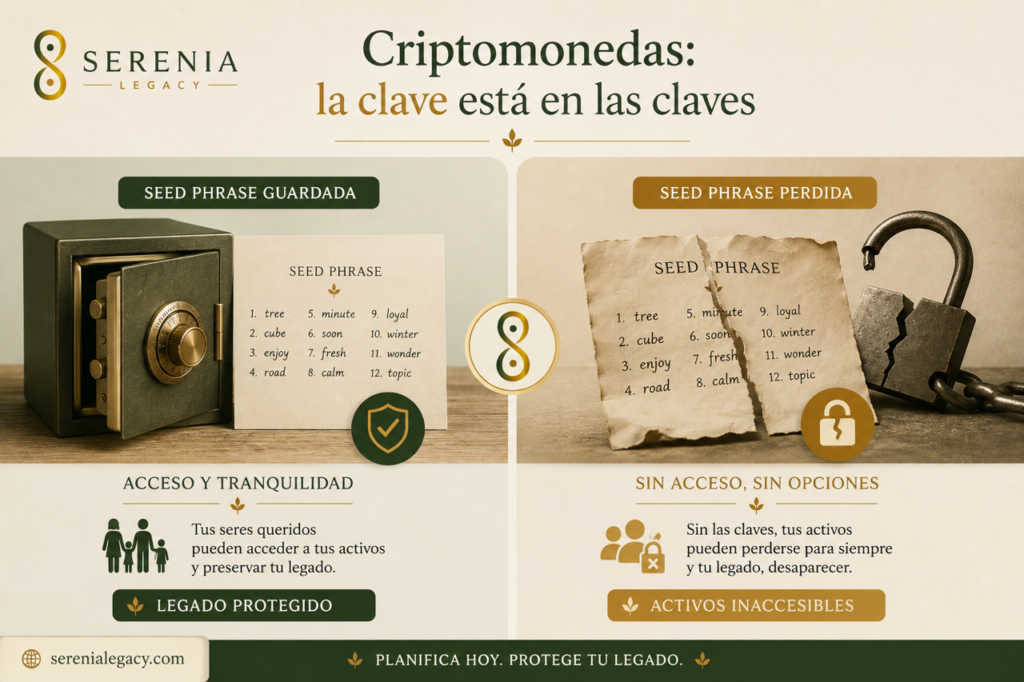 Cómo heredar criptomonedas en España: importancia de guardar la seed phrase y las claves privadas para garantizar el acceso de los herederos.